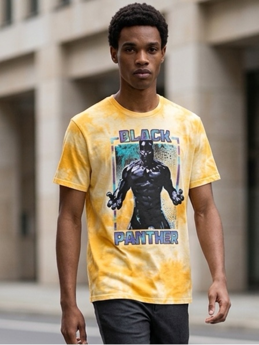 NWT Marvel Men’s Yellow Tie Dye Short Sleeve Black Panther Graphic Tee Shirt 2XL